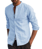 1 x Brand New FUERI Mens Long Sleeve Shirt Cotton Linen Shirt Grandad Casual Banded Button Lightweight Summer Tops, A-Blue, XXL - RRP £19.99