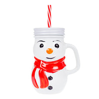 1 x Brand New Invero Set of 2 Christmas Santa and Snowman Character Shaped Glass Jar with Screw Top Lid and Candy-Striped Straw 470ml - Fun Drinking Cup for Children on Festive Times - RRP £13.99