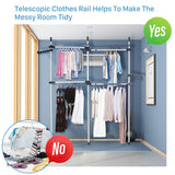 1 x RAW Customer Returns Telescopic Clothes Rack 3 Poles 4 Bars Heavy Duty Clothes Rail for Bedroom, Telescopic Wardrobe Organiser 281-329 cm Adjustable Height Clothes Hanging Rail Storage System with 2 Hooks - RRP £71.99
