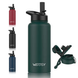 1 x Brand New WATERSY Stainless Steel Insulated Water Bottles with Straw Lid and Flex Cap Thermal Water Flask Travel Drink Mug Double Walled Keeps Hot and Cold Outdoor, Green Bamboo 500ml - RRP £7.99