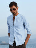 1 x Brand New FUERI Mens Long Sleeve Shirt Cotton Linen Shirt Grandad Casual Banded Button Lightweight Summer Tops, A-Blue, XXL - RRP £19.99