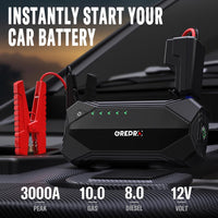 1 x RAW Customer Returns GREPRO 3000A Jump Starter Power Pack, Car Battery Booster Jump Starter for 12V Vehicle, Jump Pack and Jump Starter with Dual USB Quick Charge 3.0 Out Ports, LED Flashlight Up to 10.0L Gas,8.0L Diesel  - RRP £59.0