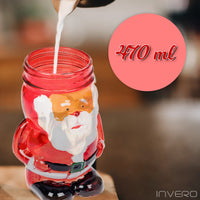 1 x Brand New Invero Set of 2 Christmas Santa and Snowman Character Shaped Glass Jar with Screw Top Lid and Candy-Striped Straw 470ml - Fun Drinking Cup for Children on Festive Times - RRP £13.99