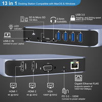 1 x RAW Customer Returns DOB SECHS USB C Docking Station Dual Monitor HDMI for Asus Dell, 13-in-1 Dock Multiport Adapter Triple Monitor to 2 HDMI 4K,VGA,4 USB A 3.0,Ethernet,PD,SD,3.5MM for Lenovo,HP,MacBook Laptops - RRP £89.59