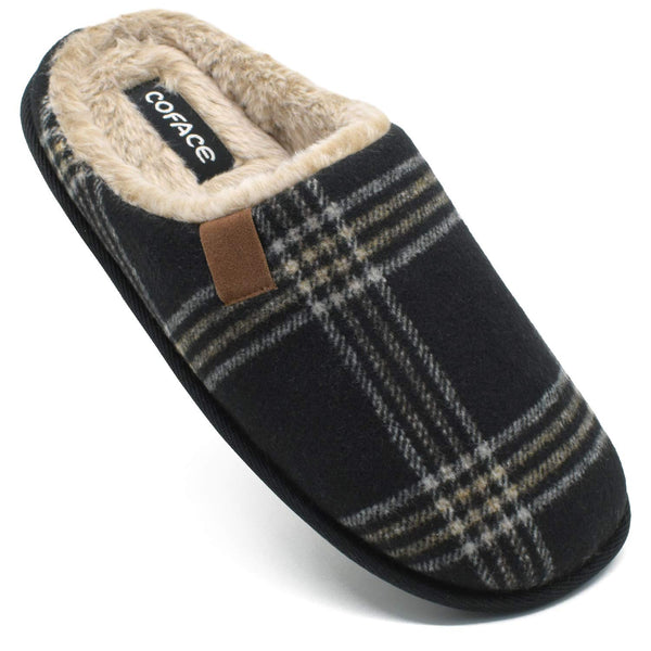 1 x Brand New COFACE Mens Brown Flano Plaid Memory Foam Mule Slippers Slip On Warm Fluffy House Indoor Outdoor Shoes with Anti-Skid Sole Size 8.5 - RRP £17.99