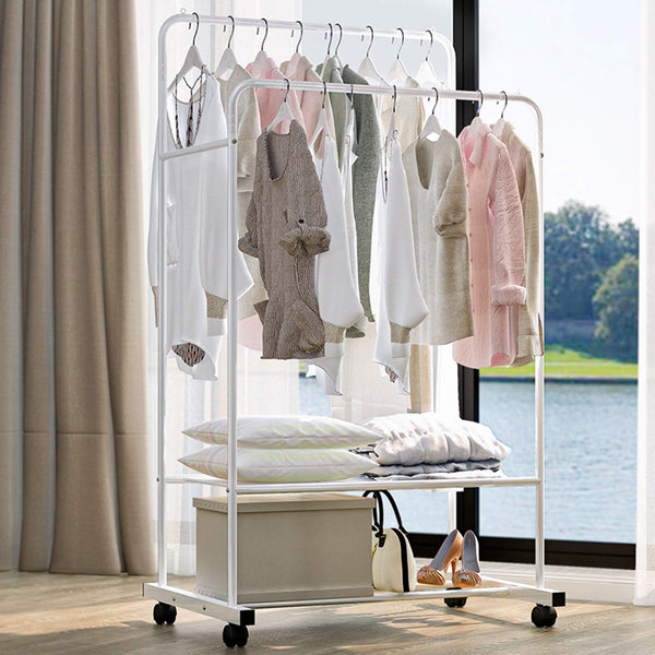 1 x RAW Customer Returns Anmas Power Clothes Rail Garment Rack with Shelves, Metal Cloth Hanger Rail Stand Coat Clothing Rack, Tidy Rails with 2 Tier Lower Storage Shelf for Shoes Boxes - RRP £36.53