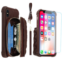 4 x Brand New MONASAY Zipper Wallet Case for iPhone X XS, Glass Screen Protector RFID Blocking Leather Handbag Phone Cover with Card Holder Crossbody Lanyard Strap for Apple X XS Dark blue - RRP £39.88