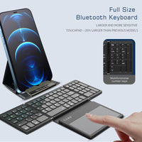 1 x RAW Customer Returns zenrich Foldable Wireless Bluetooth Keyboard with Touchpad NumberPad Stand Sync Up to 3 Devices , Ultra Slim Travel Keyboard for Windows iOS Android Mac iPad, Black - RRP £55.99