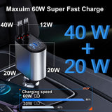 1 x RAW Customer Returns Thlevel Retractable USB C Car Charger Socket Adapter 12V USB C Socket 60W with 2 Retractable Type C Cable Voltmeter LED Compatible with iPhone iPads Samsung Huawei for 12V 24V Car Caravan Motorhome - RRP £21.99