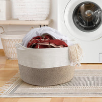1 x RAW Customer Returns Maliton Large Laundry Basket, Blanket Basket for Clothes Bedding, D55xH35 cm 68L Storage Basket, Foldable Washing Basket Decor Laundry Hamper with Sturdy Handles, Toy Basket for Kids Room, White Brown - RRP £23.65