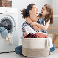 1 x RAW Customer Returns Maliton Large Laundry Basket, Blanket Basket for Clothes Bedding, D55xH35 cm 68L Storage Basket, Foldable Washing Basket Decor Laundry Hamper with Sturdy Handles, Toy Basket for Kids Room, White Brown - RRP £23.65