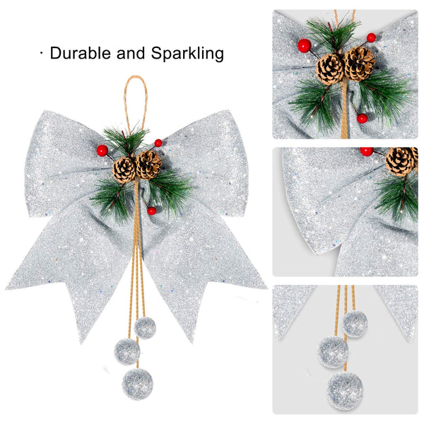 1 x Brand New Whaline 2pcs Christmas Bow Decorations, Silver Wreaths B ...