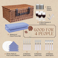 1 x RAW Customer Returns Flexzion Picnic Basket for 4 Person, Rectangular Wicker Picnic Basket Set, Insulated Picnic Case with Waterproof Lining and Blanket, Napkins, Cutlery Set, Wine Glasses, Bottle Opener and Plates - RRP £60.92