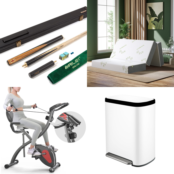 RAW Customer Returns Job Lot Pallet - Riley England 3 Piece Snooker Cue and Hard Case, PROIRON 3-in-1 Folding Exercise Bike,  Folding Mattress Small Double & more - 20 Items - RRP £1616.57